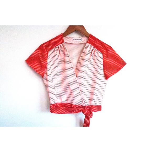 GAY GIBSON Vintage 1960s Polka Dot Swiss Dot Wrap Tie V-Neck Crop Top Blouse S - Picture 3 of 10